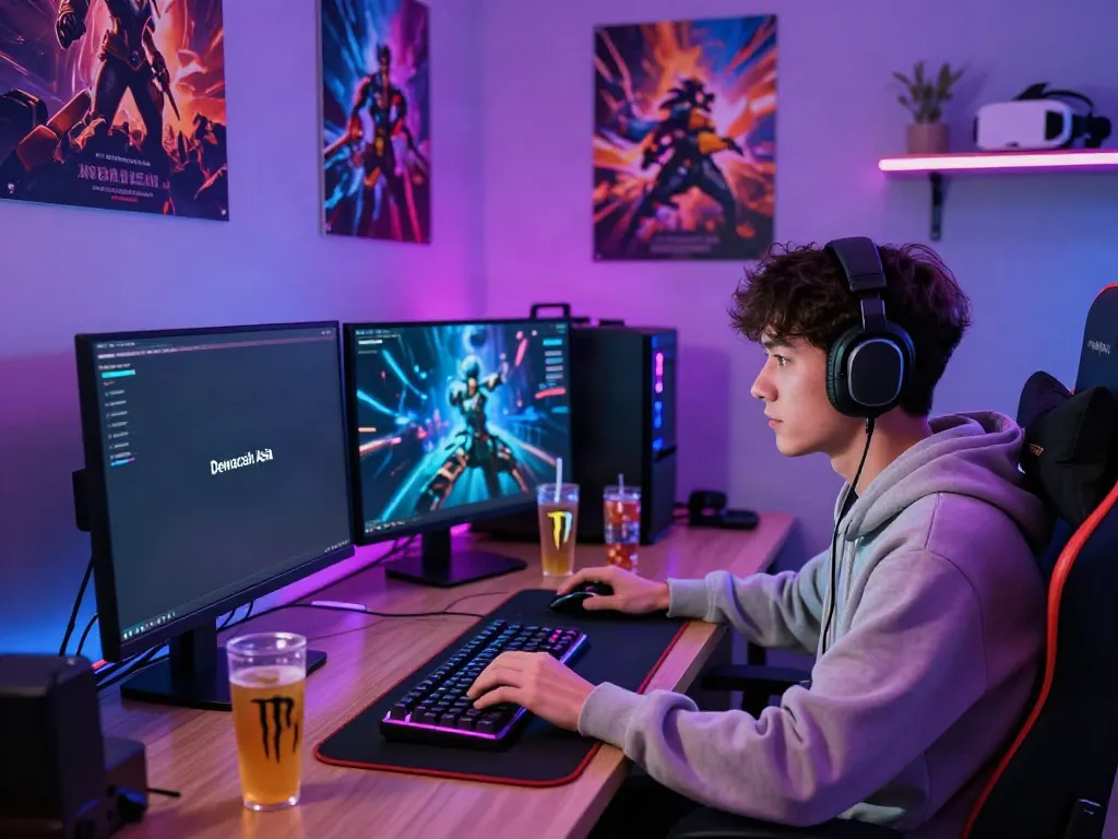 Dewacash Asia gaming scene with a focused gamer illuminated by LED lights.