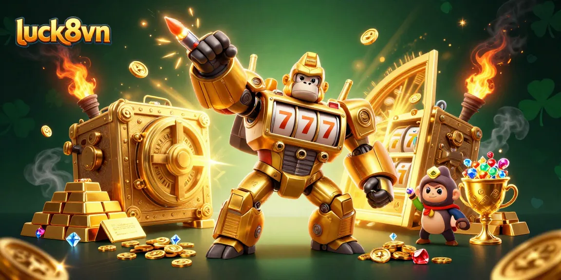 Experience thrilling gameplay with luck8vn in this dynamic scene featuring a golden gorilla mech and treasure galore.