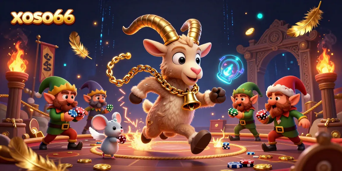 Xoso66 captivates with a lively 3D scene of a Krampus goat in a casino, alongside a tiny angel mouse and elf gremlins, enhancing the gambling experience.