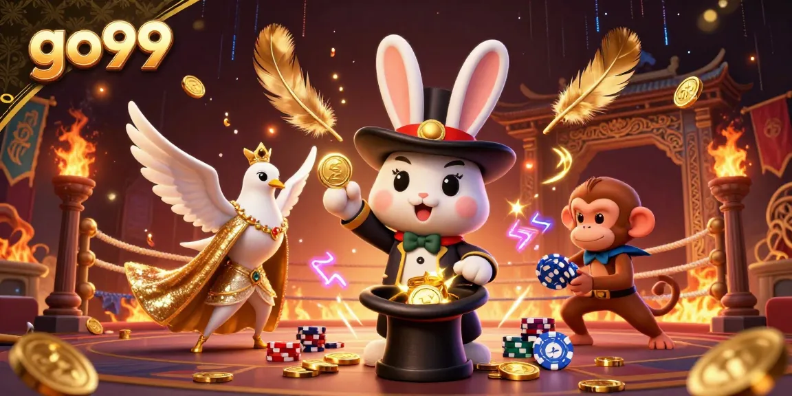 go99 captures the excitement of gambling with a magician rabbit and vibrant poker chips in a vivid casino scene.