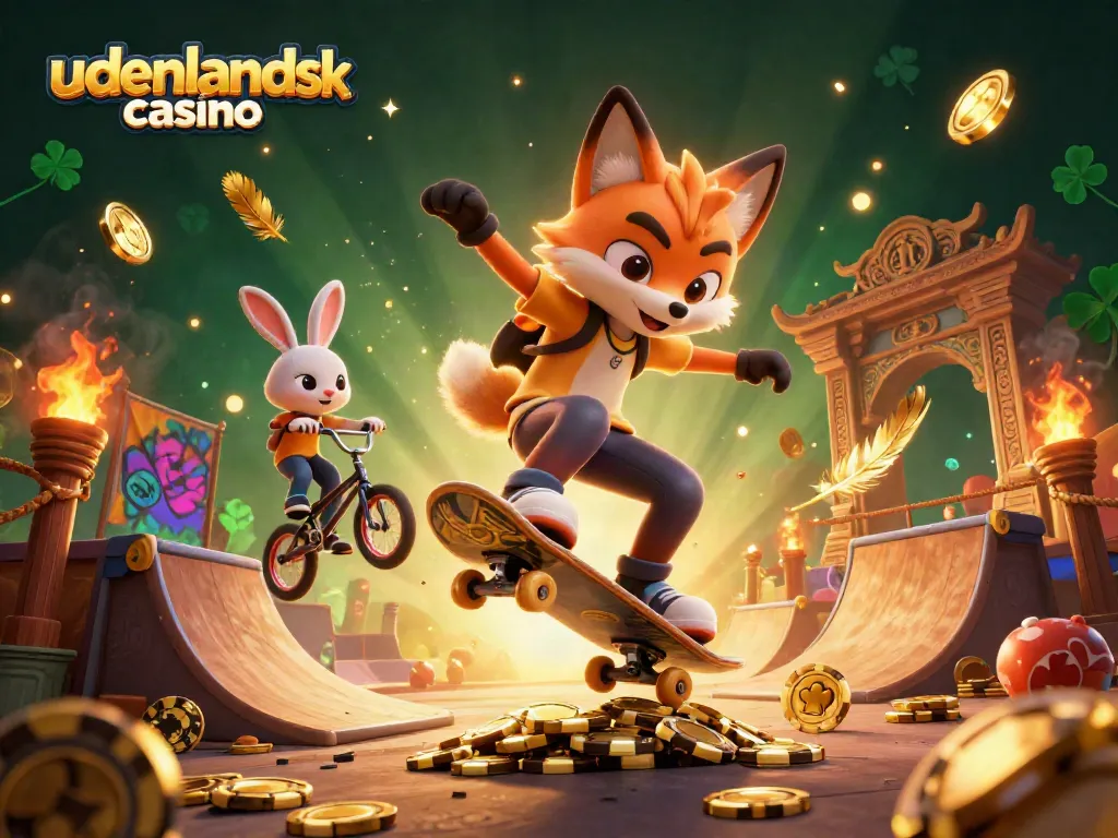 Experience the thrill of udenlandsk casino with a dynamic 3D illustration featuring a skateboarder fox and BMX rabbit.