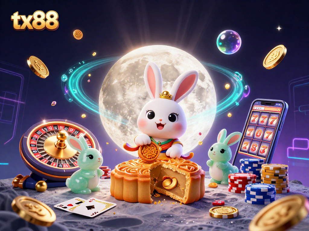 Win big with tx88 as the moon rabbit brings fortune with golden poker chips and coins.