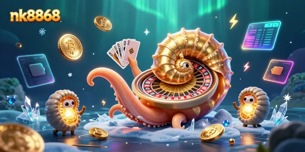Engage in exhilarating gameplay at nk8868 with a vibrant, dynamic casino scene featuring a giant nautilus roulette wheel.