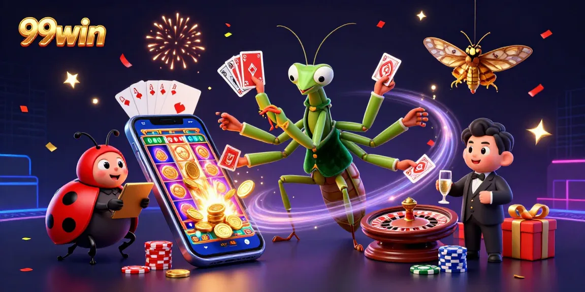 Experience the thrill of 99win with a dynamic casino scene featuring a winning mantis and colorful slot games.