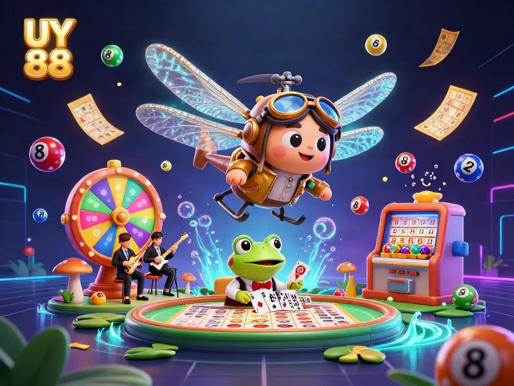 Experience the thrill of UY 88 with a dynamic casino scene featuring a dragonfly pilot and vibrant gaming elements.
