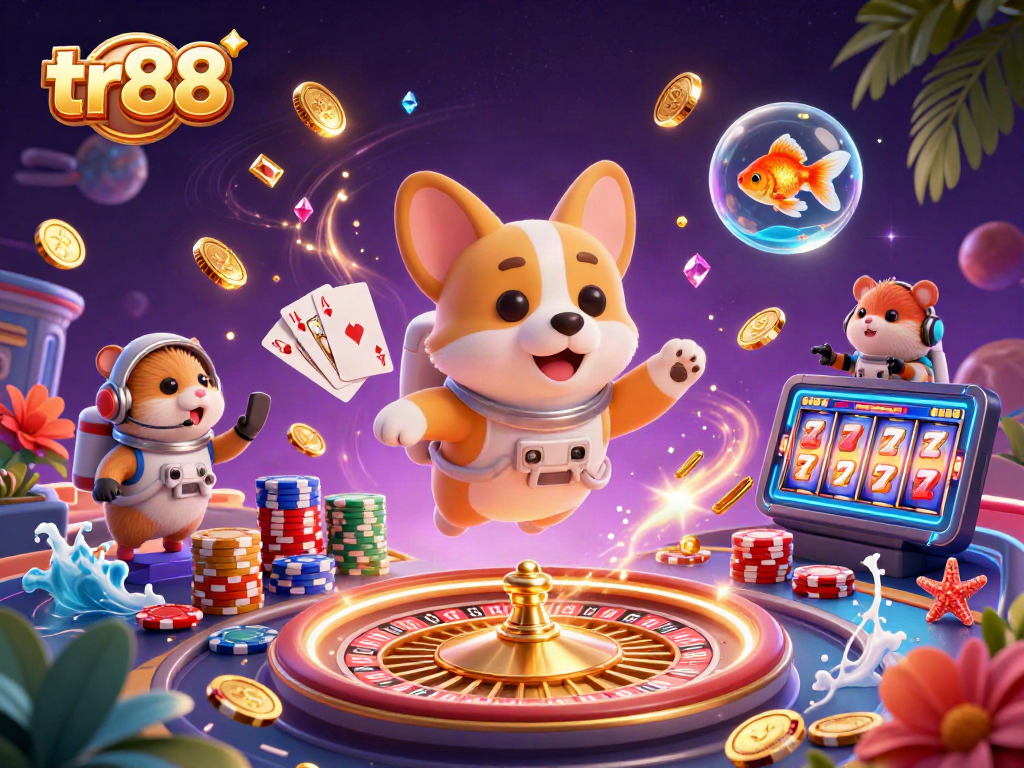 Experience excitement at tr88 with a 3D illustration of an astronaut corgi navigating a casino.