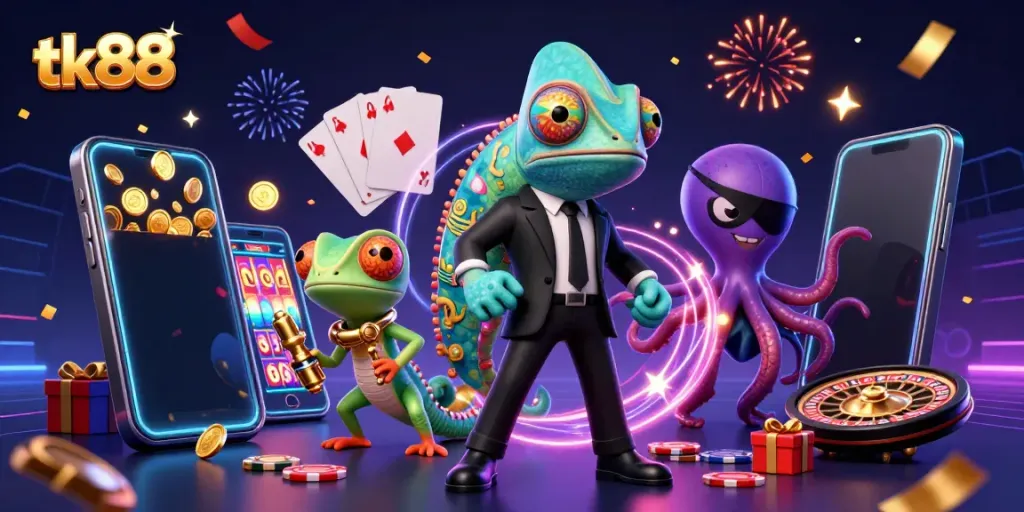 Engage in thrilling gaming with tk88 featuring a dynamic chameleon, gecko companion, and an octopus in action.