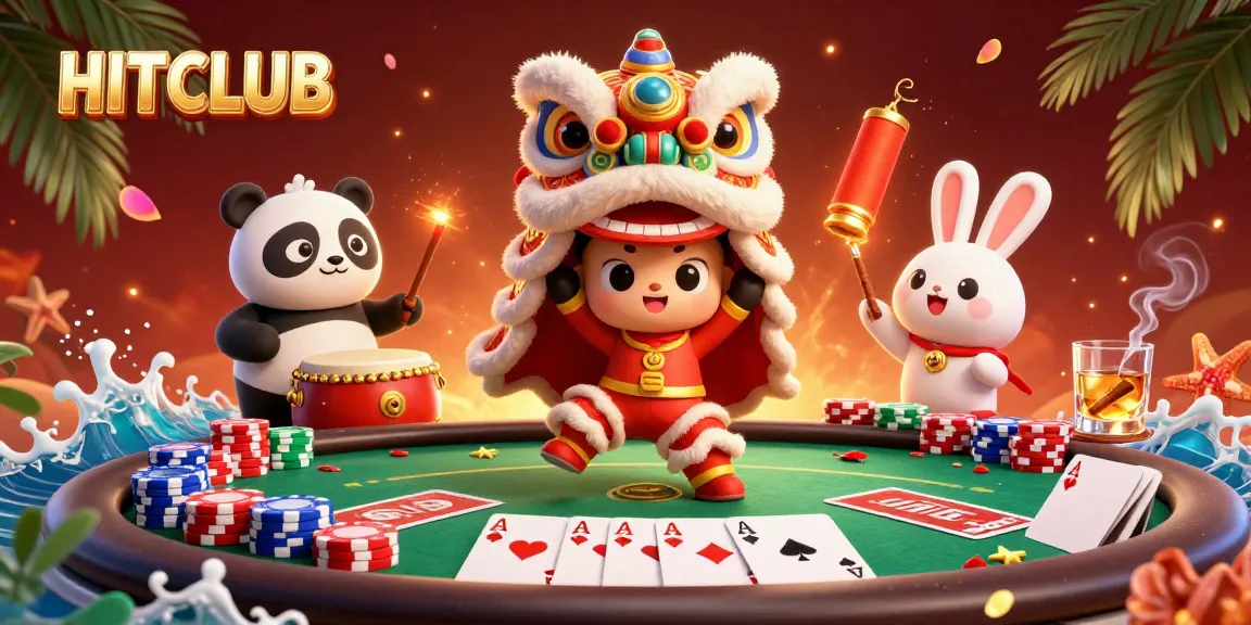 Experience HITCLUB's vibrant gaming scene with a lion dance, poker elements, and festive decorations.