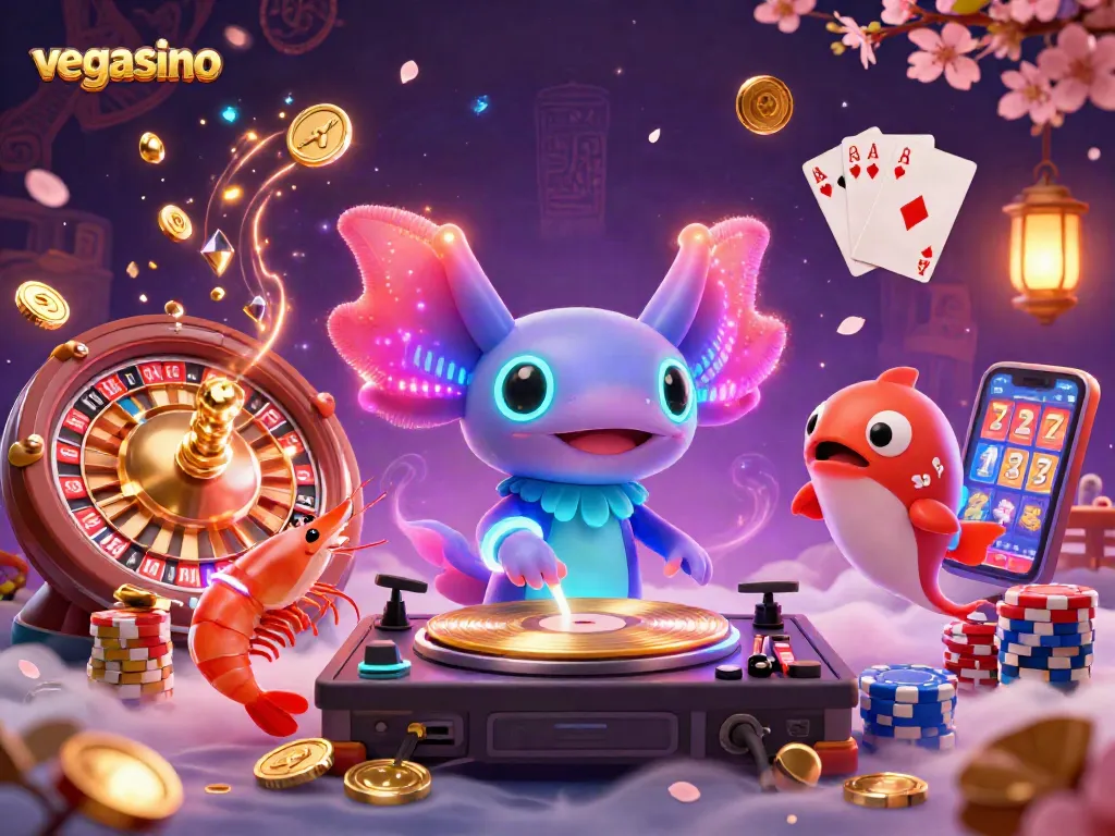 Experience the thrill of vegasino with vibrant casino elements in a dynamic 3D illustration.