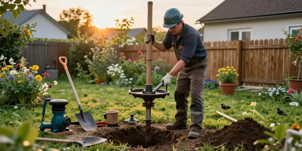 Brunnenbohren im Garten: Fachmann bohrt mit Erdbohrer für Wasserquelle.