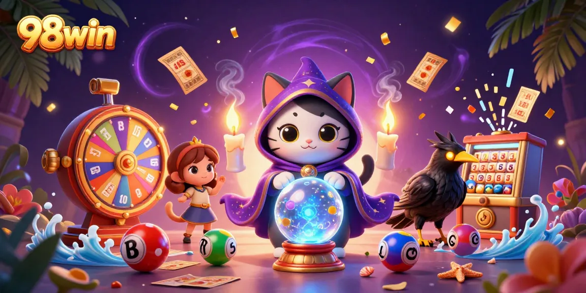 98win showcases a vibrant casino scene with a mystical cat and a raven, surrounded by dynamic lottery elements.