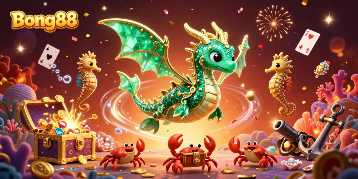 Bong88 showcases an impressive surge of wins with a majestic sea dragon in a dynamic casino scene loaded with gems.