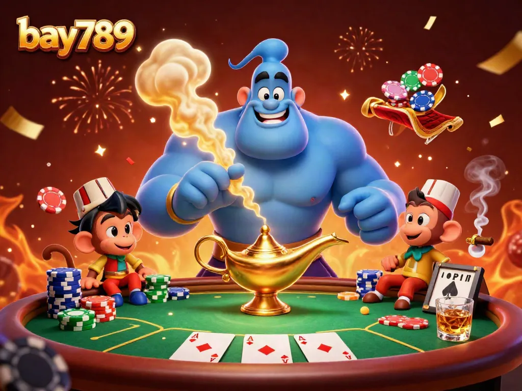 Experience the excitement of bay789 with a vibrant 3D illustration showcasing a genie and poker elements.