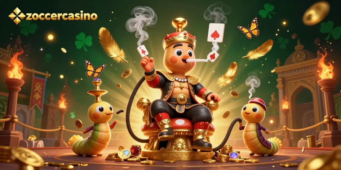 Zoccercasino bietet eine faszinierende Szene mit einem riesigen Katerpillar-Hookah-Meister, der Poker-Qualitäten in einem goldenen Hintergrund entfesselt.