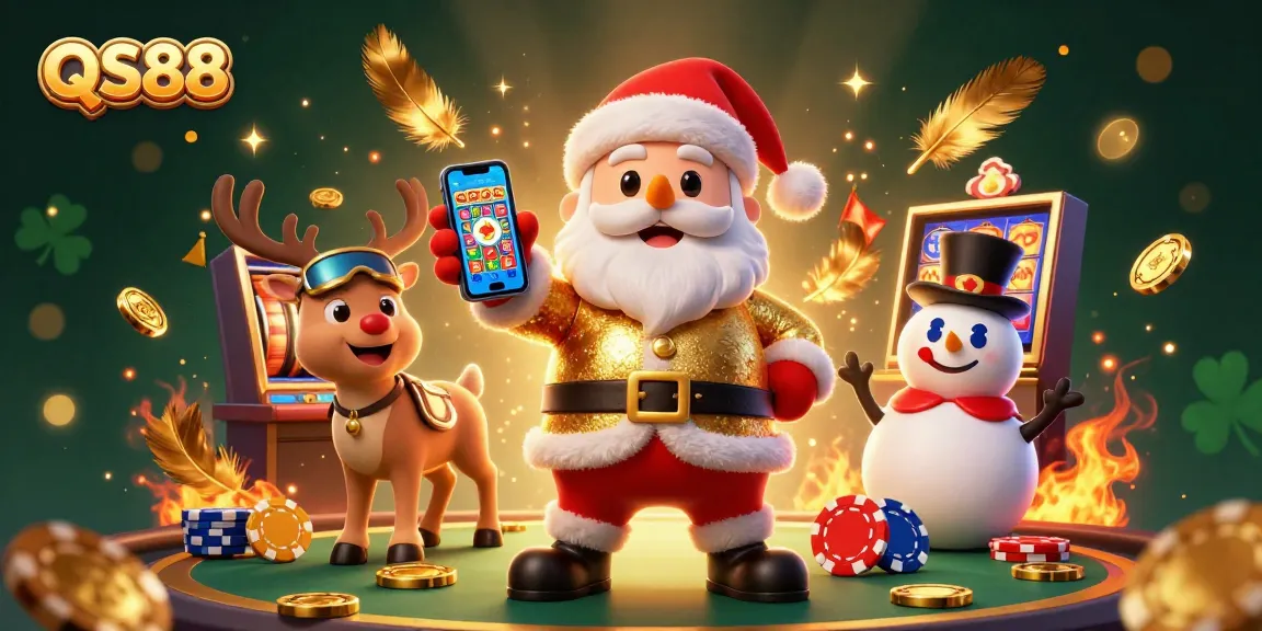 Experience the excitement of QS88 with Santa and friends in this vibrant casino scene.