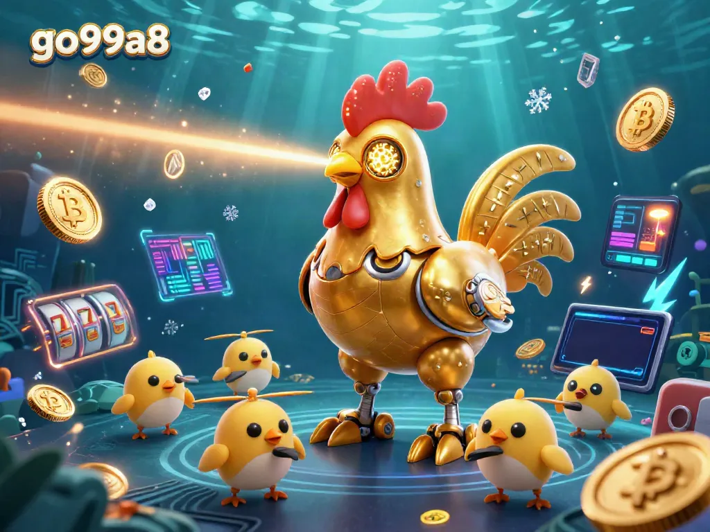 Experience the excitement of go99a8 with vibrant 3D casino elements including golden rooster robot and crypto coins.
