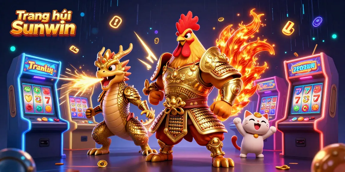 Play exciting games on Trang chủ Sunwin, featuring dynamic slot reels and vibrant casino elements.