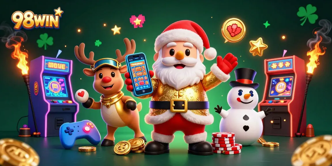Experience the exciting jackpot slots at 98WIN with a vibrant Christmas-themed casino illustration.