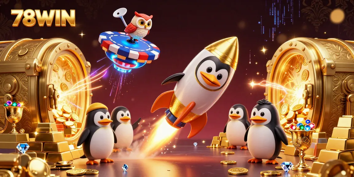 Experience thrilling gaming action at 78WIN with a dynamic casino illustration featuring a golden penguin and sparkles.