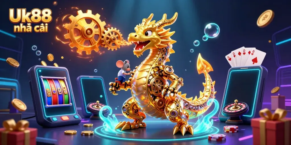 Experience the thrill of Uk88 nhà cái with a dynamic illustration of casino games and a golden dragon.