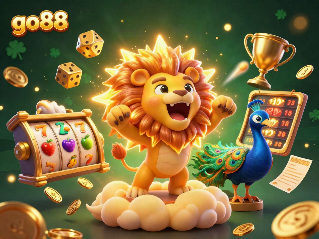 Win big with go88's thrilling casino experience featuring a lion, dice, and vibrant slots.