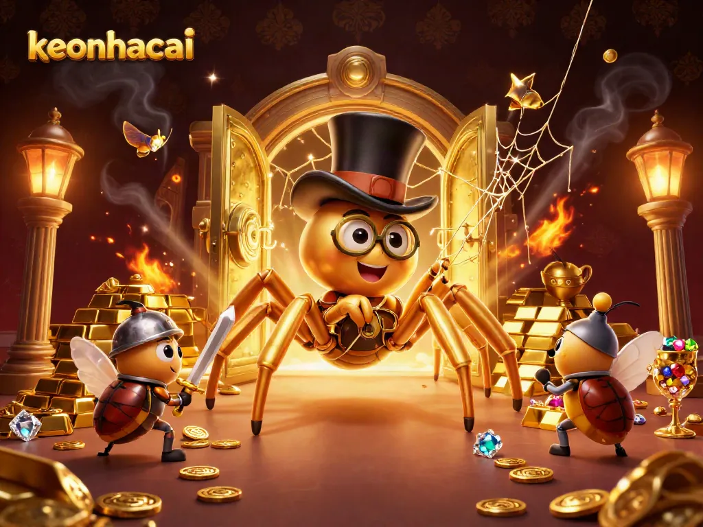 Experience keonhacai excitement with a golden tarantula and beetle knight in this vibrant casino scene.