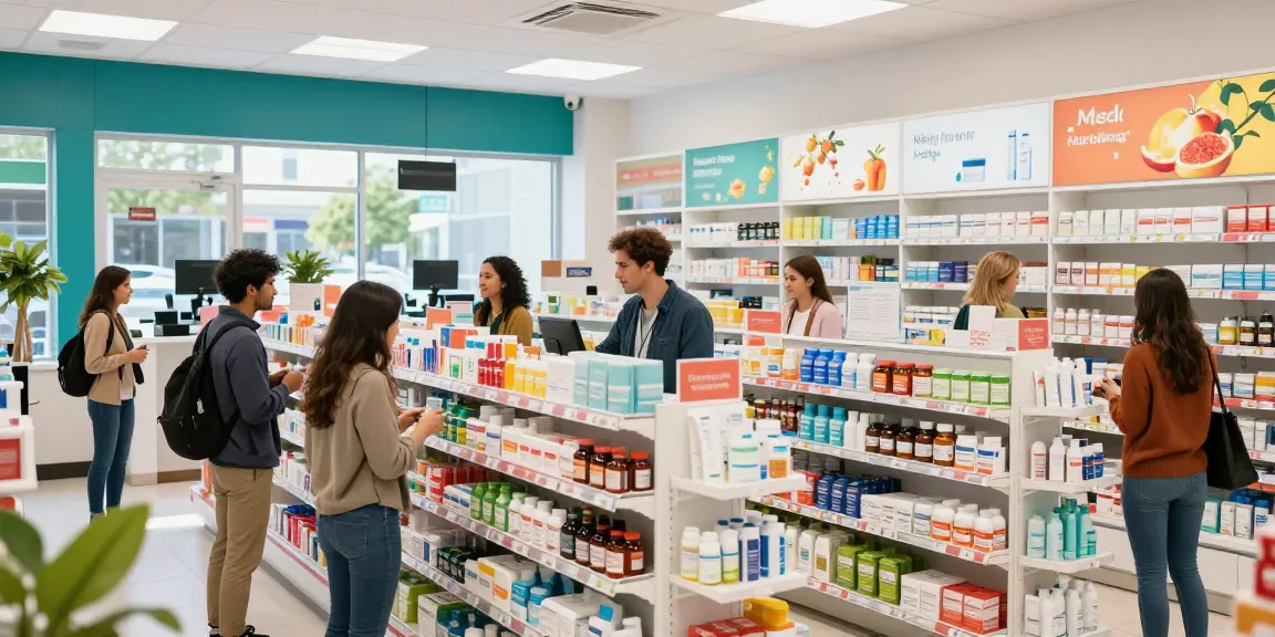 Kunden erkunden Gesundheitsprodukte im Medi Pharma Shop für ein lebendiges Einkaufserlebnis.