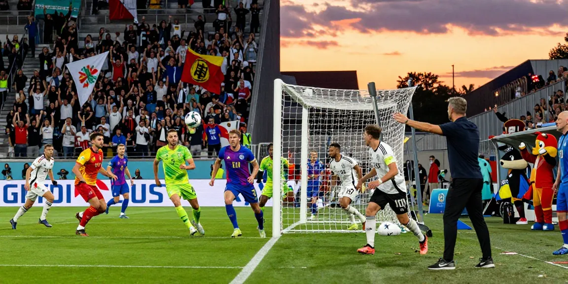 Fußball Deutschland - Spieler im Wettkampf mit jubelnden Fans im Stadion bei Sonnenuntergang.
