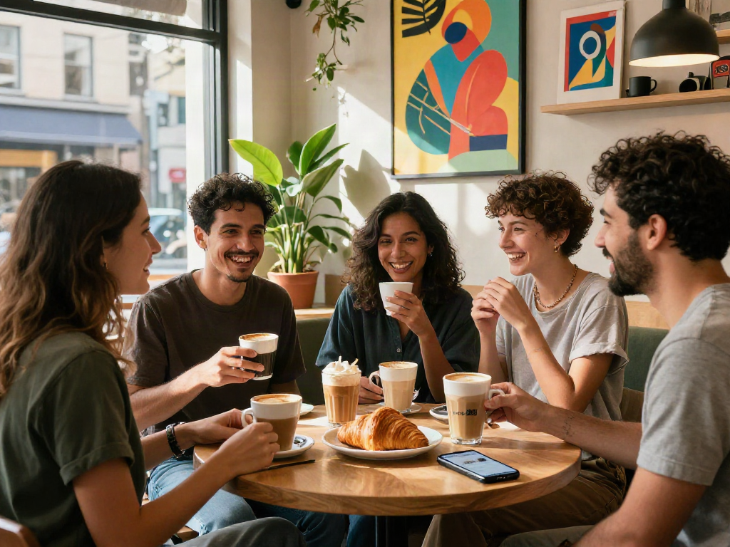Friends enjoying coffee at a café with rokok88 app on display, creating a vibrant atmosphere.