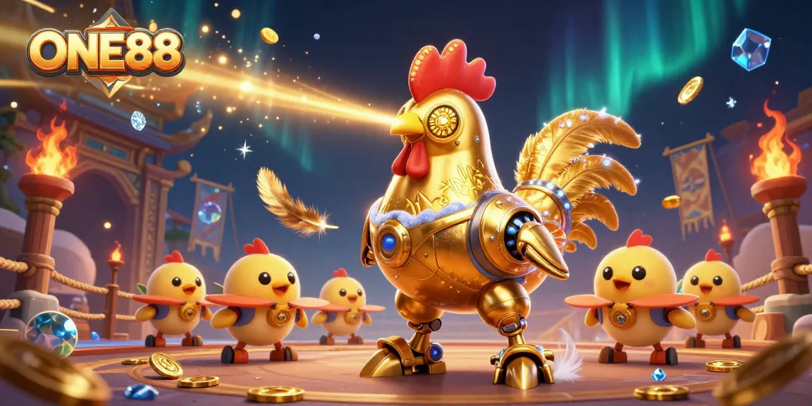 Experience the excitement of ONE88 with a dynamic golden rooster robot and baby chick drones in a vibrant iconic casino scene.