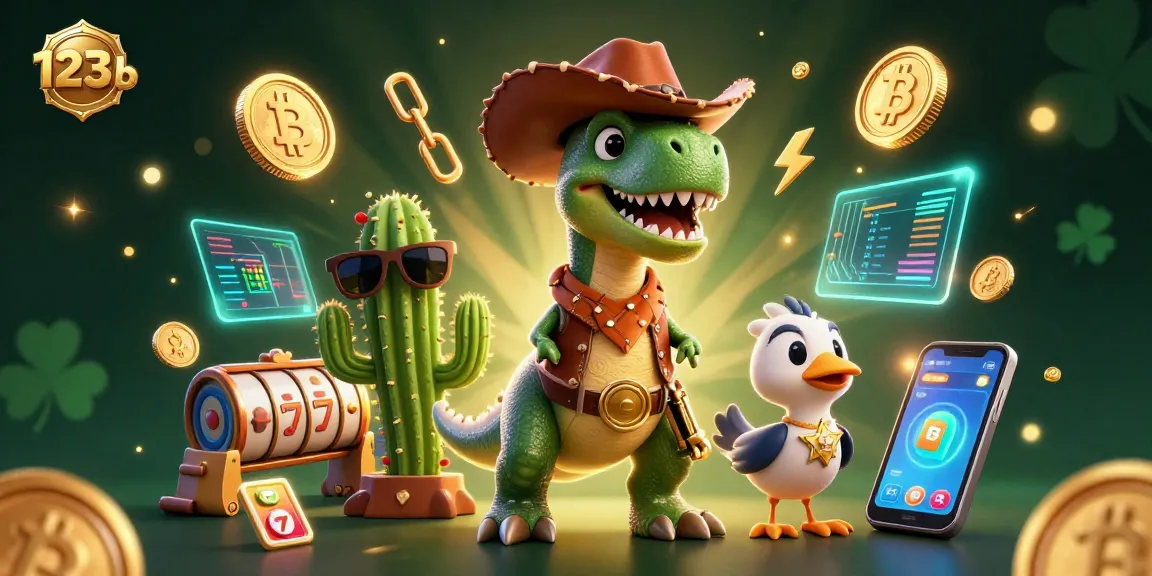 Join the fun at 123b with a dynamic casino scene featuring cartoon characters and vibrant slot elements.