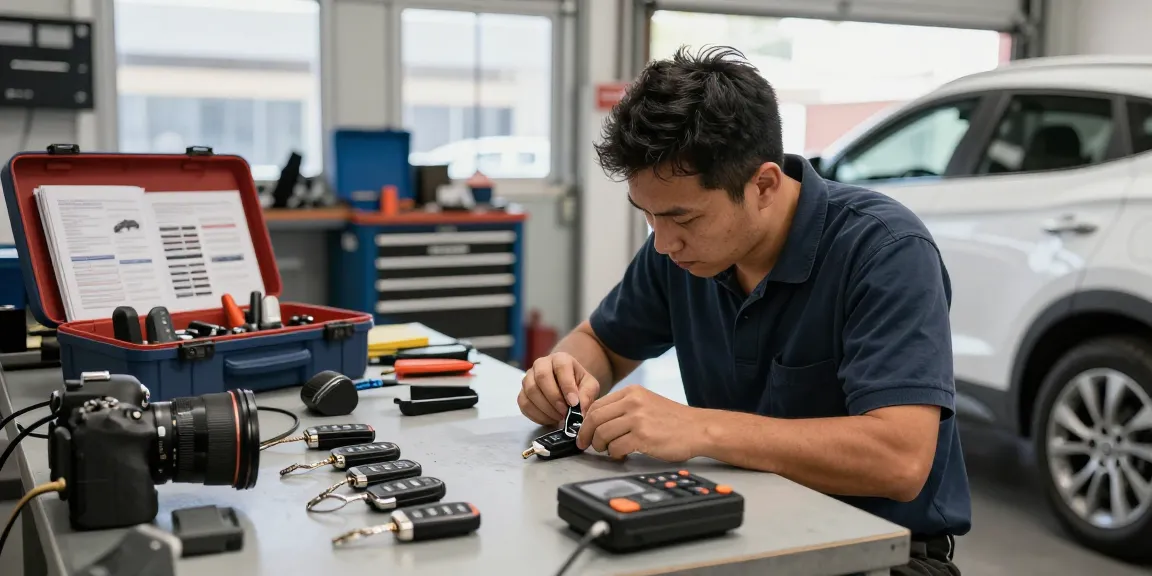 Techniker programmiert Notschlüssel für Hyundai Tucson, Bitte schön für hochwertige Autoschlüssel-Lösungen.