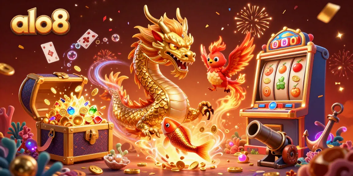 Experience thrilling wins at alo8, featuring golden dragon, phoenix, and koi in a vibrant casino scene.