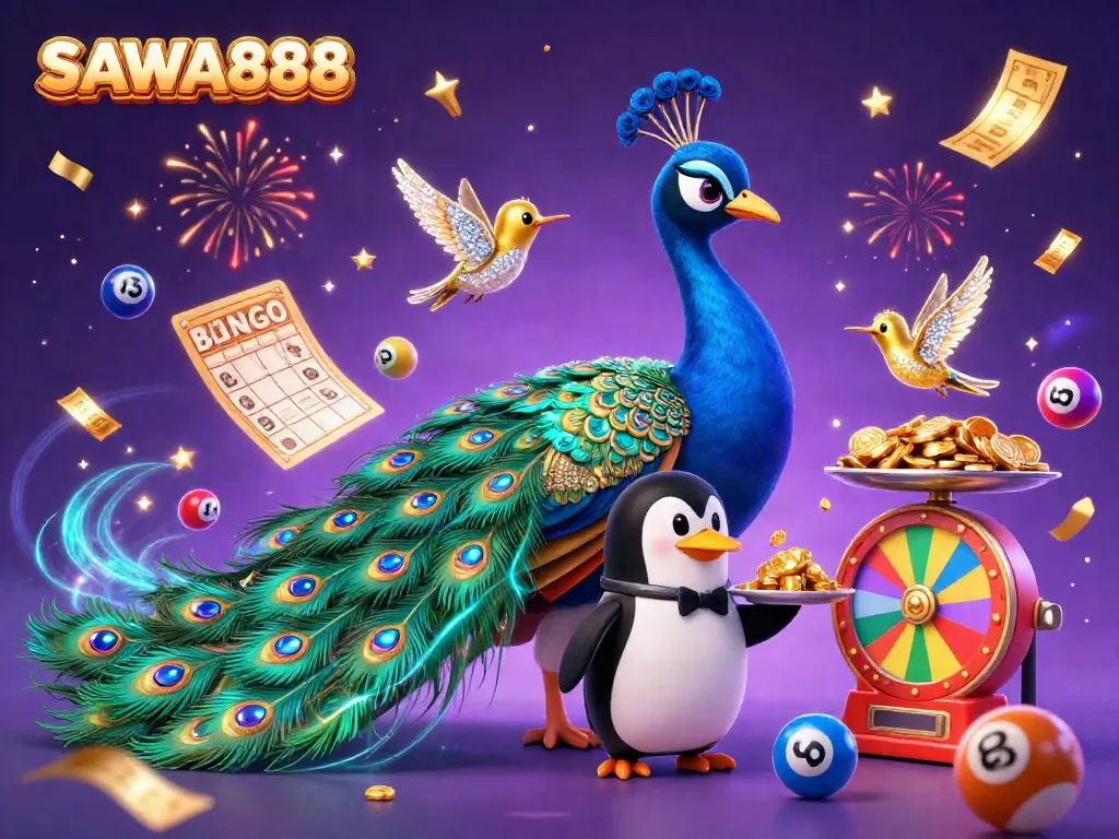 Engage in the thrilling atmosphere of SAWA888, where an aristocratic peacock and butler penguin celebrate lottery games with dynamic elements.
