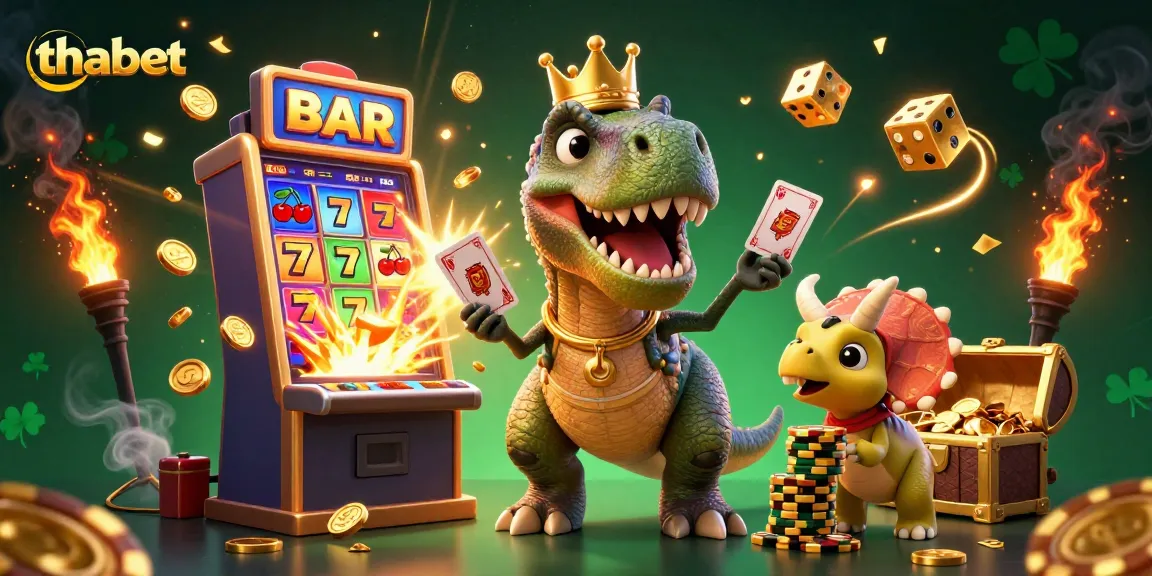 Join the fun at thabet with playful dinosaur characters experiencing exciting casino games and jackpots.