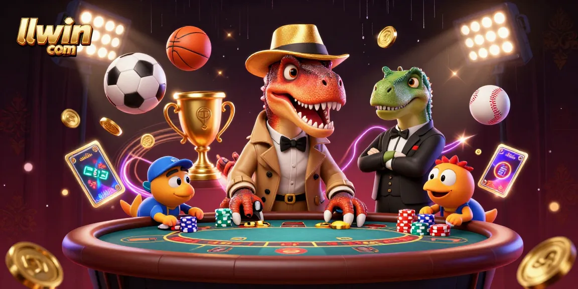 Experience immersive gaming at llwin com with vibrant 3D illustration of a velociraptor and stegosaurus in a casino scene.