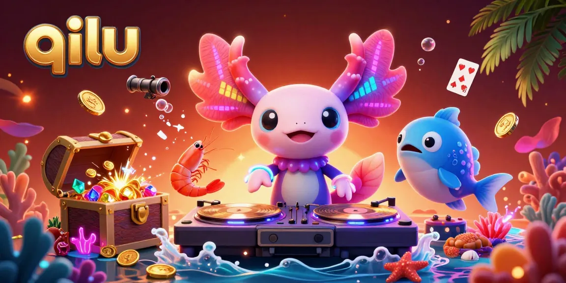Engage with vibrant 3D illustration of qilu's neon-themed underwater casino featuring lively characters.