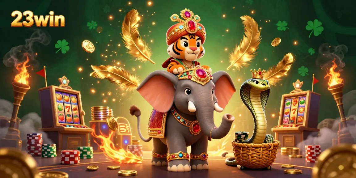 Experience the thrill of winning at 23win with vibrant visuals of an ornate elephant, tiger, and cobra.