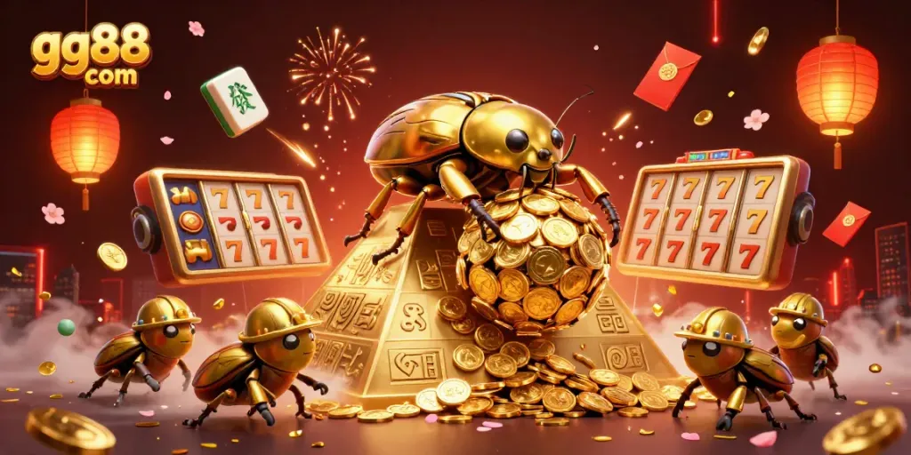 Engage in thrilling wins at gg88 com, featuring giant beetles and golden coins in a vibrant casino-themed illustration.
