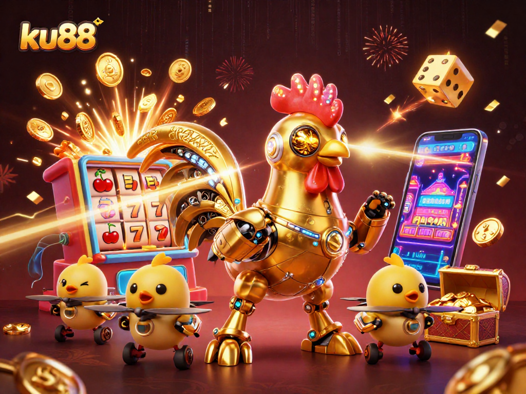 ku88 shines with golden rooster robot amidst jackpot chaos and vibrant casino elements.