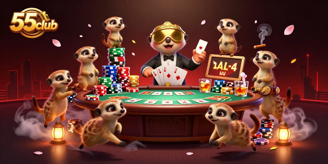 Experience vibrant casino action at 55club with meerkats managing a lively poker game.