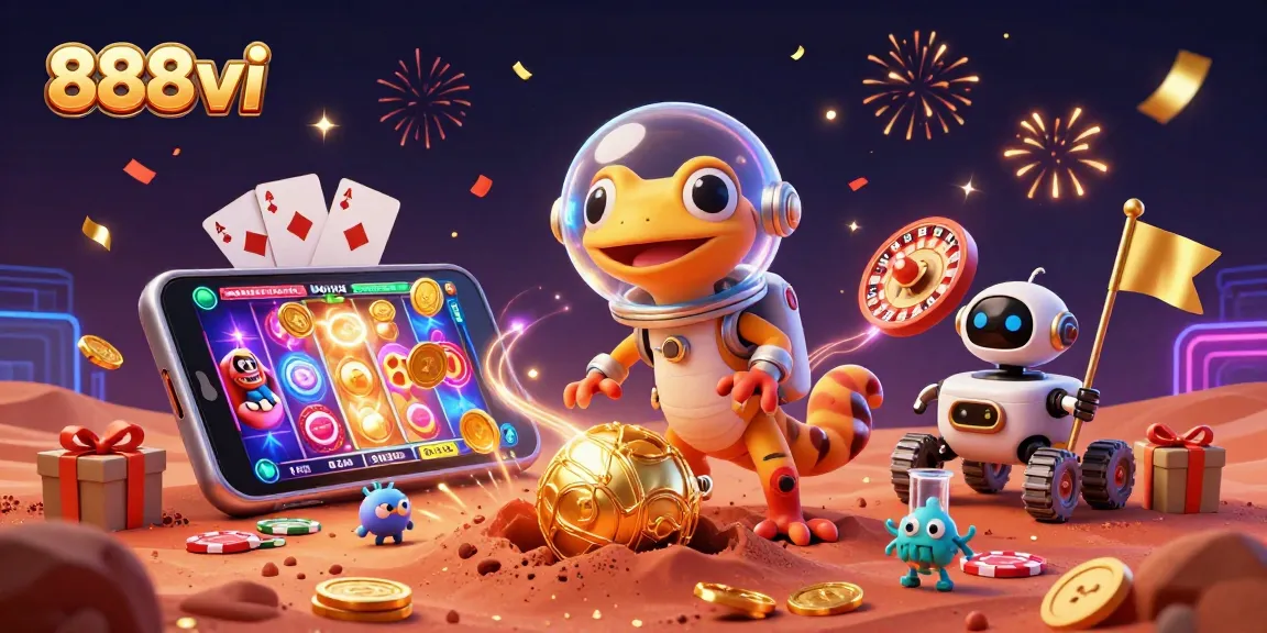 Engage with 888vi as a Martian gecko discovers a golden casino surrounded by exciting game elements.