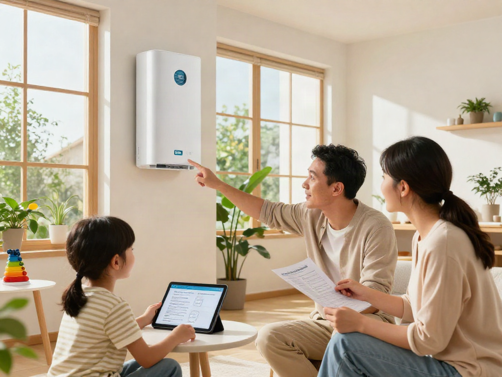 Familie diskutiert über Wärmepumpe Kosten in modernem Wohnzimmer mit Sonnenlicht.