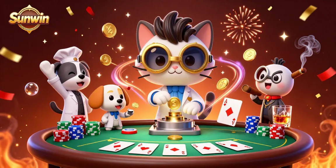 Sunwin gameplay with a scientist cat and dog creating wealth through gambling excitement.