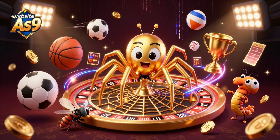 Engage with website As9's dynamic casino scene featuring a spider and centipede creating a roulette web.