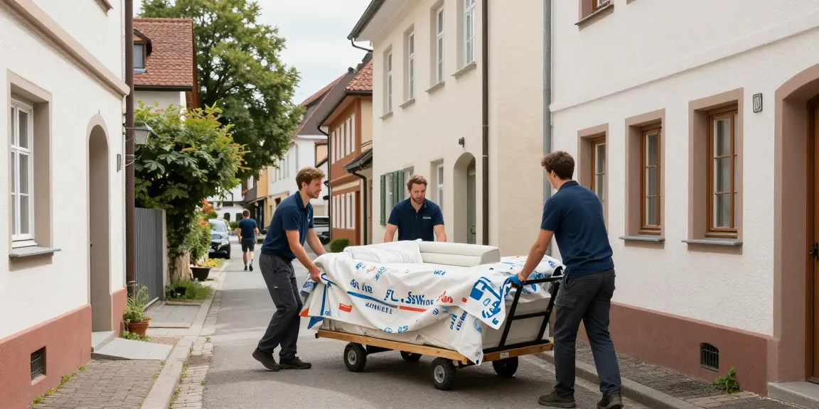 Umzugsunternehmen Schwetzingen: Professionelles Umzugsunternehmen transportiert Möbel in einer engen Straße.