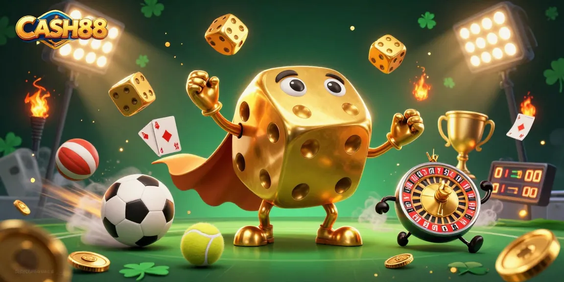 Experience action with CASH88's golden dice and sports elements in a vibrant casino scene.