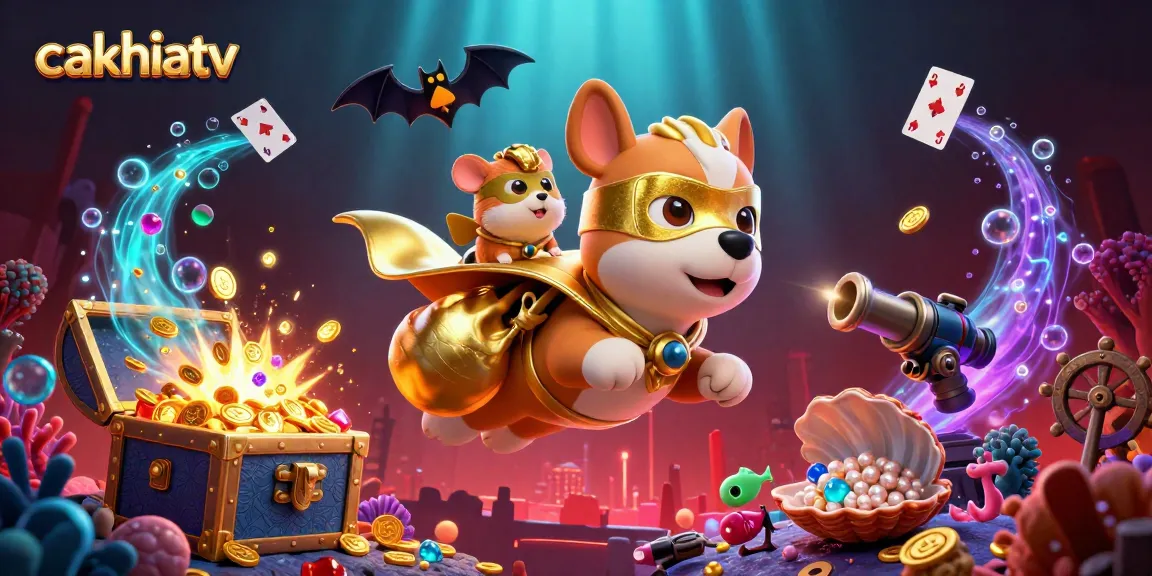 CakhiaTV features a vibrant 3D illustration of a superhero dog and hamster amidst an ocean of gold coins.