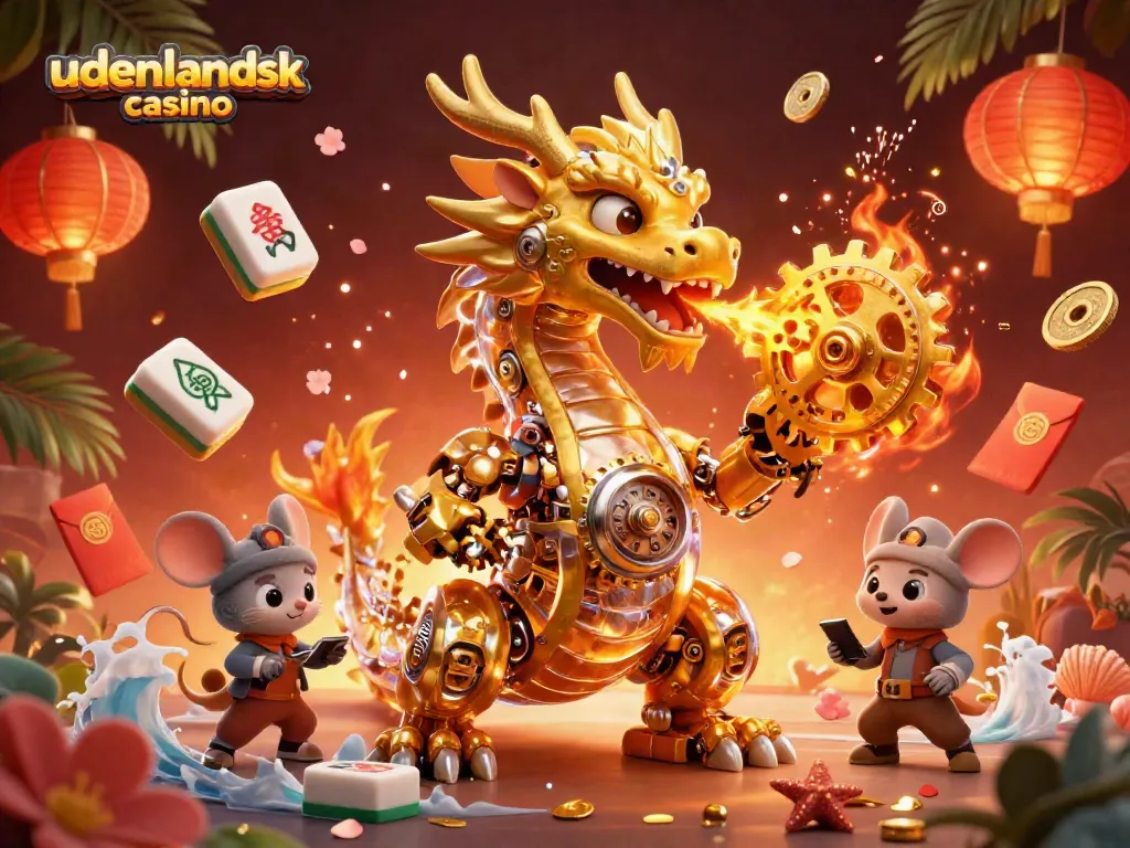 Experience the excitement of udenlandsk casino amidst a vibrant 3D scene filled with gold and gears.