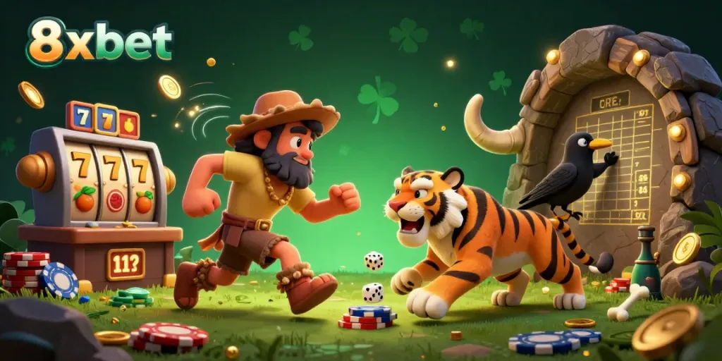 Experience thrilling games with 8xbet in a vibrant, prehistoric casino scene.